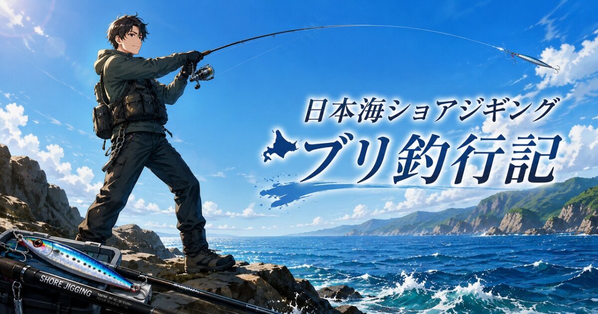 日本海の磯場でショアジギングロッドを構えブリを狙う釣り人の様子