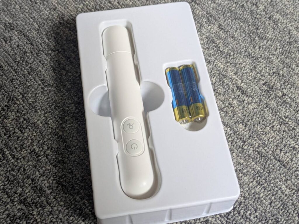 速熱ツールの内容物(本体、電池、ストラップが入っている)