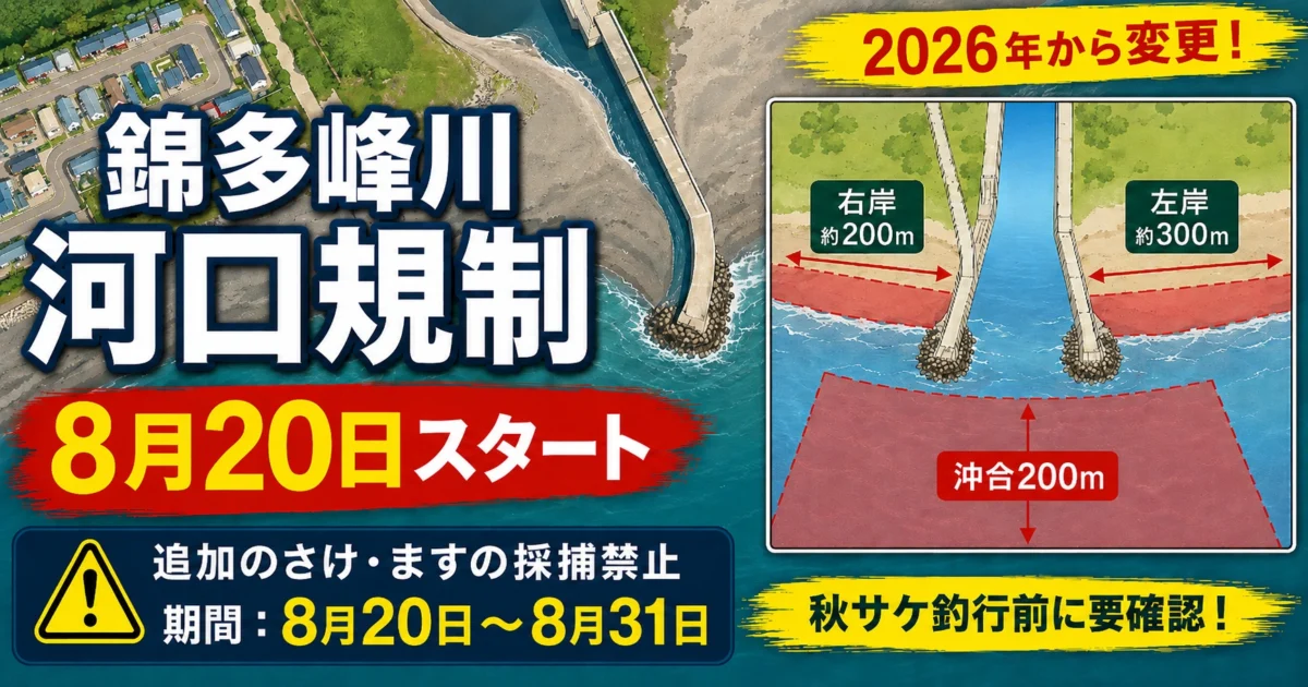錦多峰川の河口と注意喚起表示を背景に、河口規制が8月20日から始まることを示したアイキャッチ画像