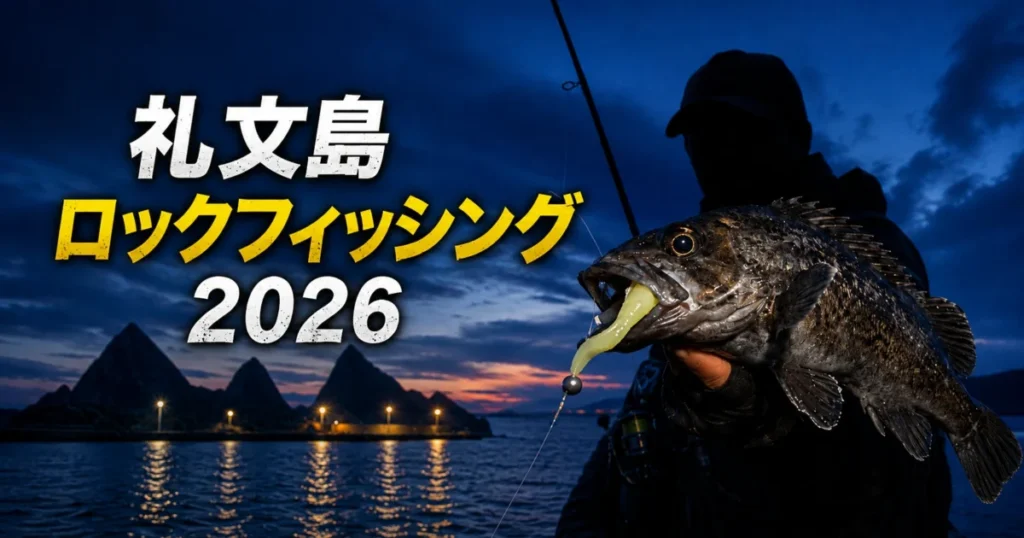 礼文島の港で夜にロックフィッシングを楽しみ、クロソイを釣り上げる釣り人の写真