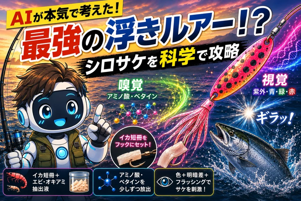 AIのシロボットがシロサケの嗅覚と視覚を科学的に考えて作った浮きルアー仕掛けを紹介する画像