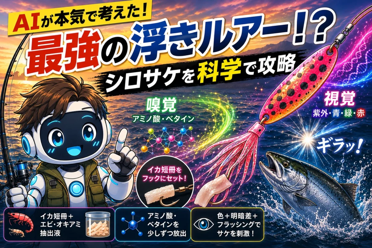 AIのシロボットがシロサケの嗅覚と視覚を科学的に考えて作った浮きルアー仕掛けを紹介する画像