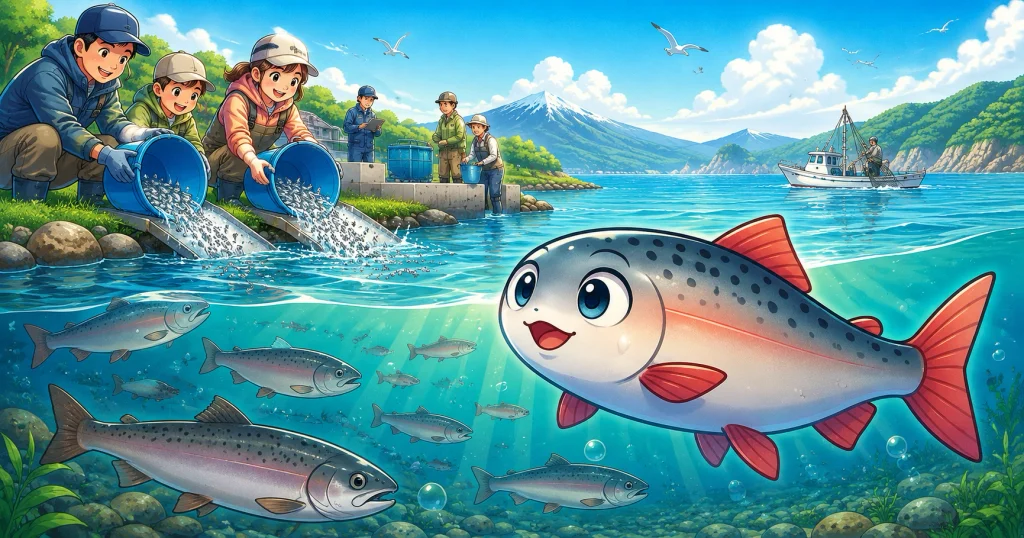 サケの稚魚放流を行う関係者と海を泳ぐサケ、沖の漁船を描き、放流事業への貢献と資源管理は別に考える必要があることを表したイラスト