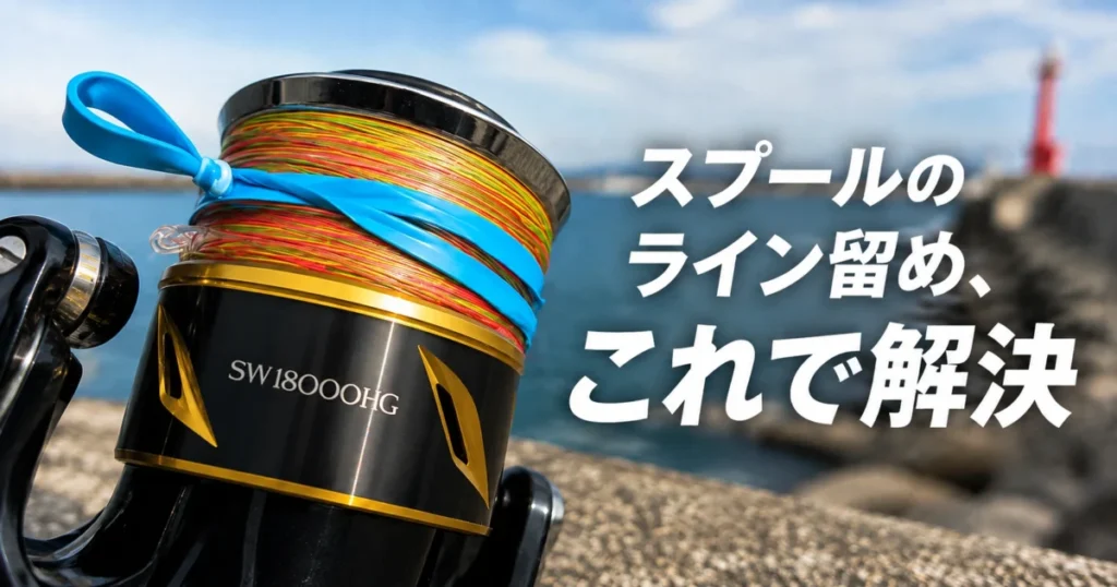 リールのスプールに巻いたラインをシリコンバンドで留めている写真。ライン留め・スプールストッパーの使用イメージ。