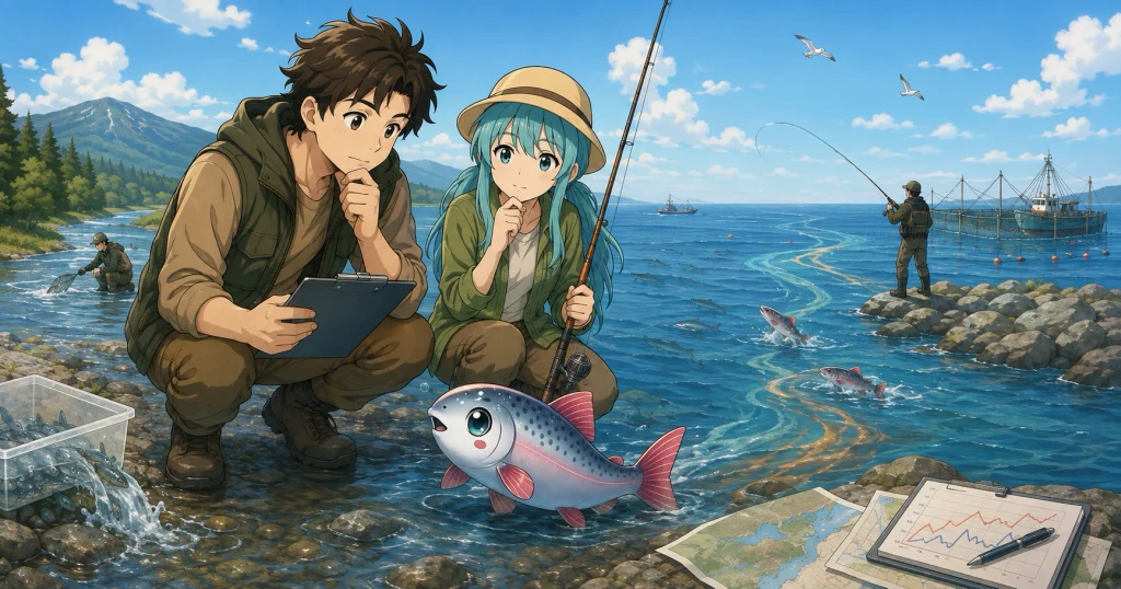 北海道のサケ資源について、稚魚放流、海洋環境、回帰率、漁業・遊漁、定置網、資源管理を総合的に考える様子を描いたイラスト