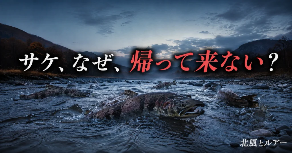 北海道の川を遡上するサケを背景に、サケ資源減少の原因を問いかける「サケ、なぜ、帰って来ない？」の文字を配置した画像