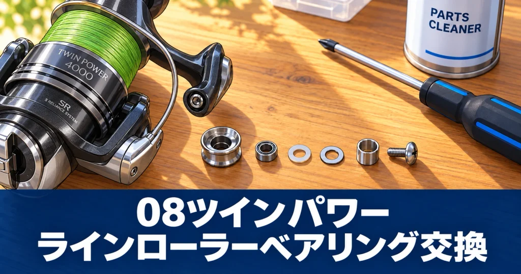 08ツインパワー4000のラインローラーとベアリング交換部品を並べたアニメ調のアイキャッチ画像