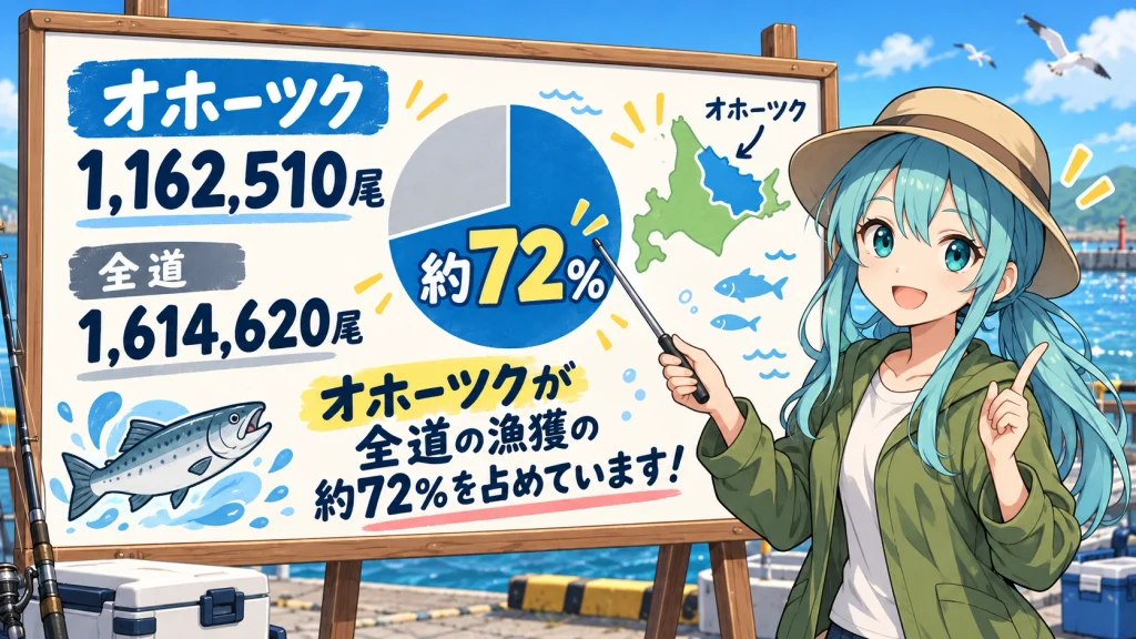 2026年9月20日現在、オホーツクの秋サケ漁獲量が北海道全体の約72%を占めることを示す図