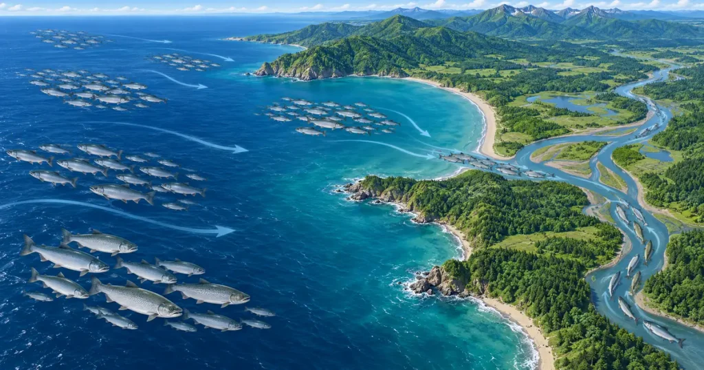 日本海と石狩湾にいるサケの一部が石狩川水系を通って千歳川へ遡上する関係を示したイメージ