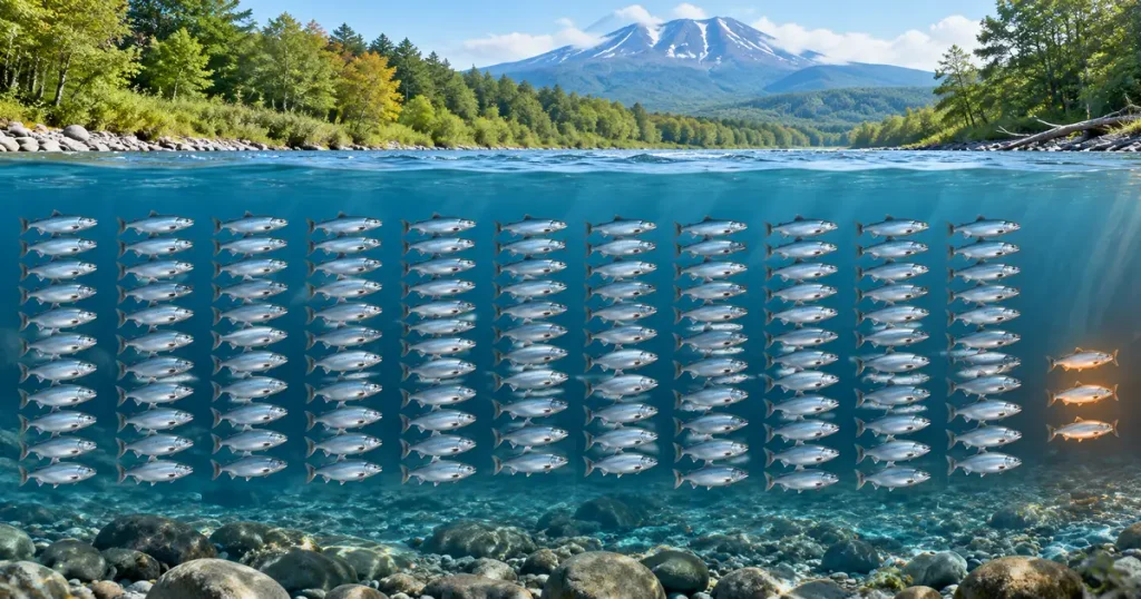 過去10年の千歳川サケ捕獲数と2026年の少なさを魚群の大きさで比較したイメージ