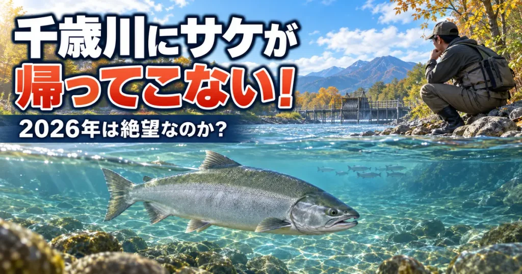 2026年に千歳川へ帰ってくるサケが激減し、川を心配そうに見つめる釣り人を描いたアイキャッチ画像