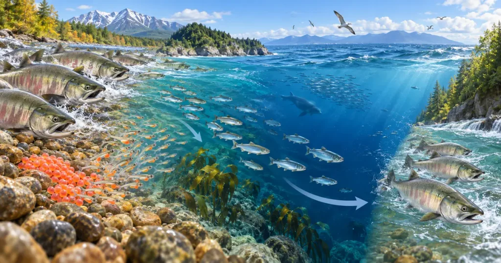 2022年に回帰した親魚から生まれたサケが卵、稚魚、海洋生活を経て2026年に戻るまでの生存過程
