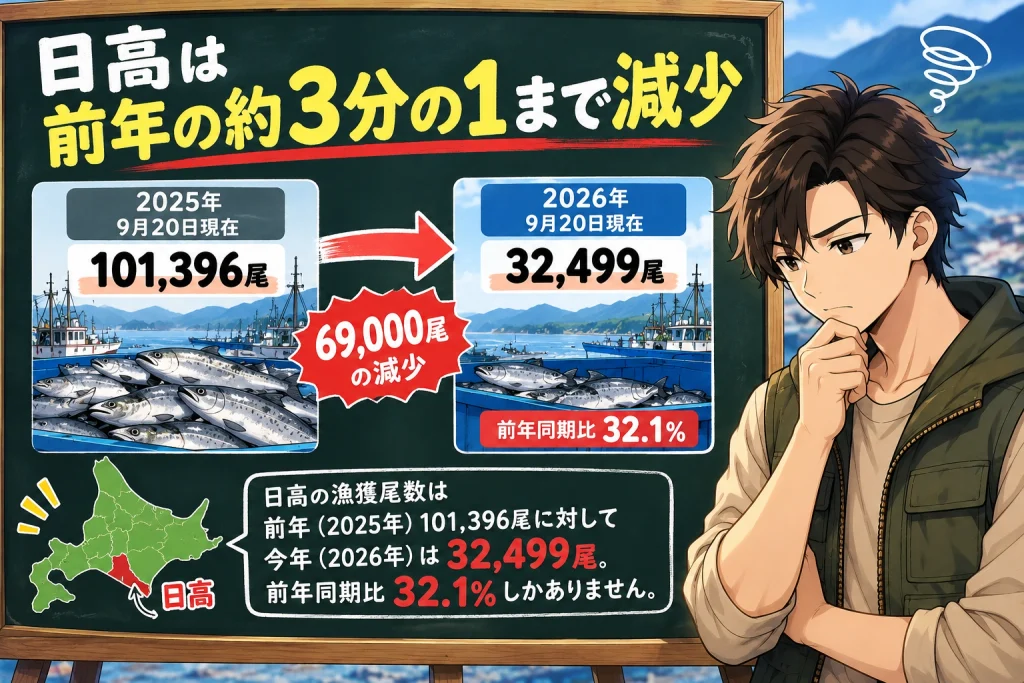 2026年9月20日現在の日高の秋サケ漁獲量が前年同期の32.1%まで減少したことを示す図