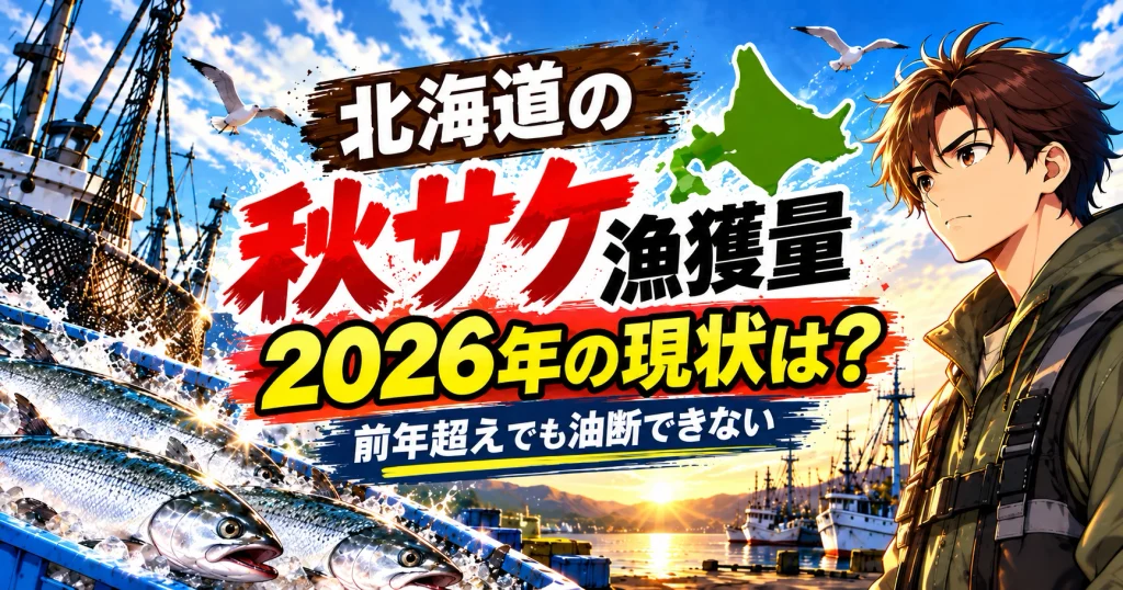 2026年の北海道秋サケ漁獲量を示す、銀毛のサケと北海道の漁港を描いたアイキャッチ画像