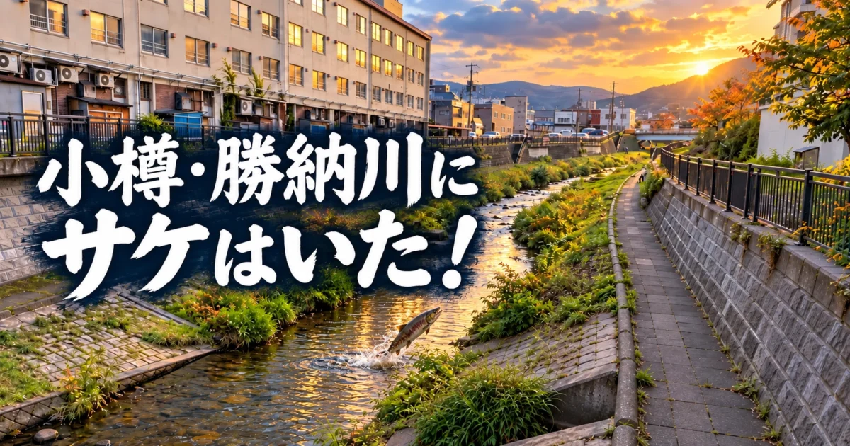 小樽市の勝納川の風景に、川で跳ねるサケ1匹と「小樽・勝納川にサケはいた！」の文字を加えたアイキャッチ画像