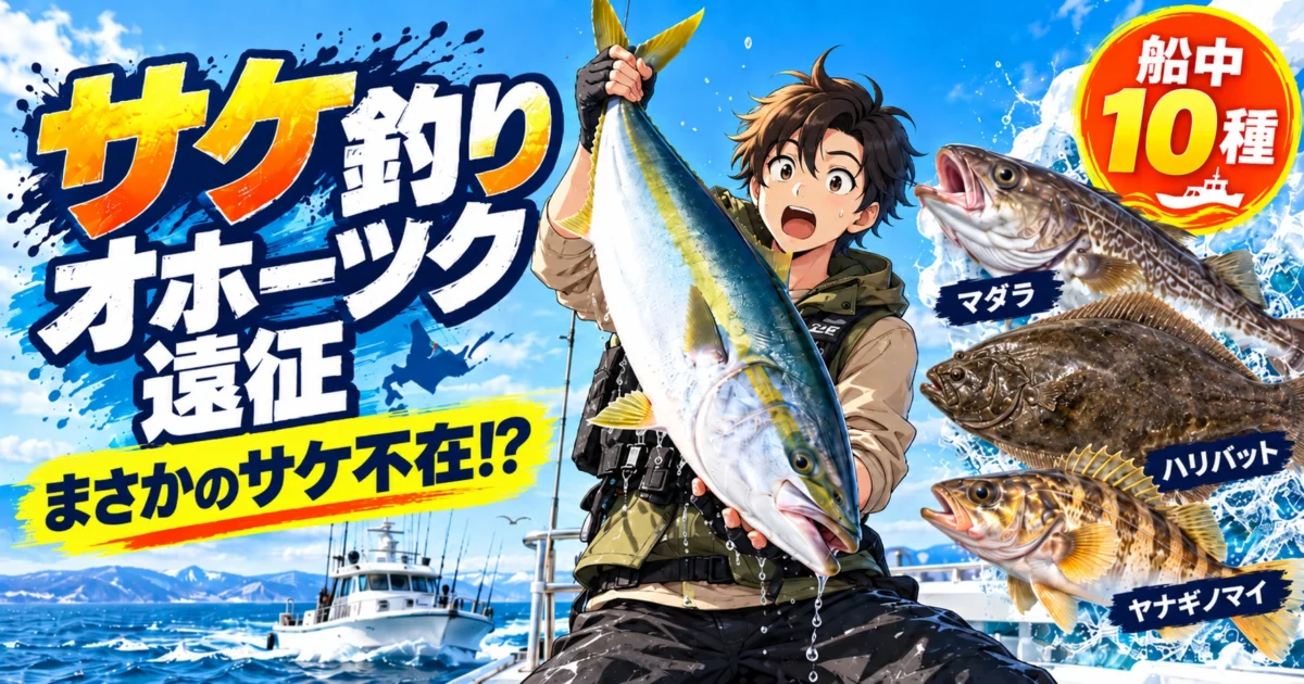 オホーツク海の遊漁船で、サケ釣り遠征で釣れた大きなブリとマダラを持つ釣り人のイラスト