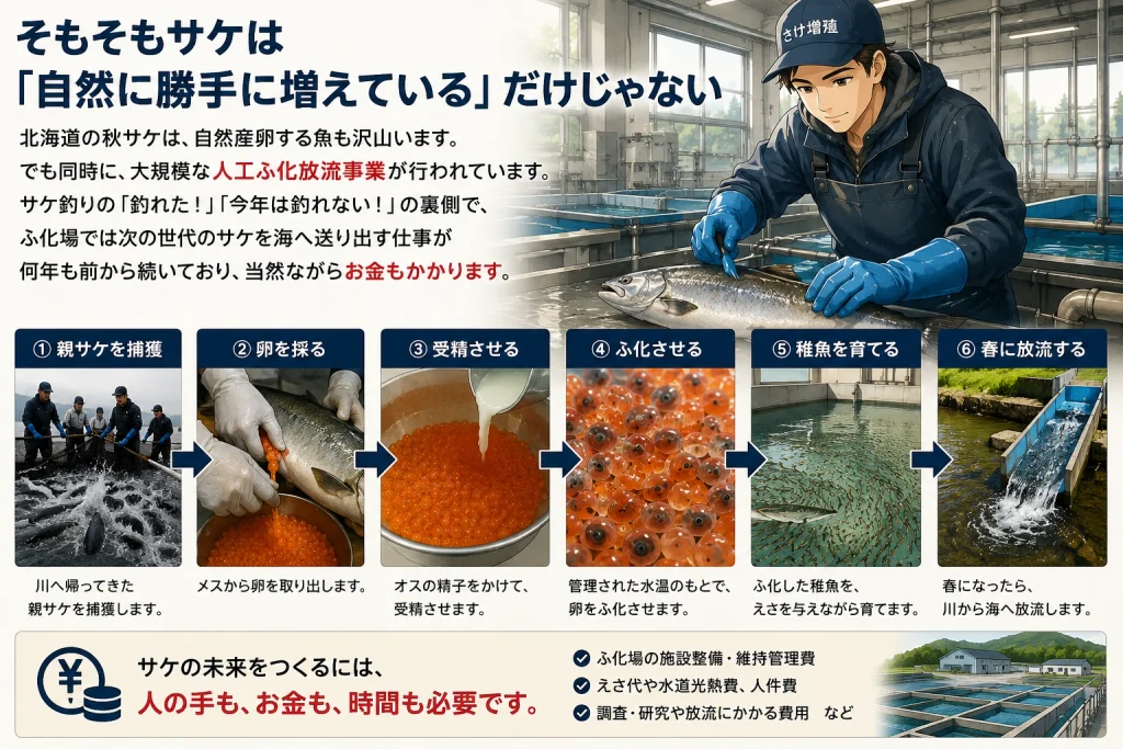 北海道のサケ人工ふ化放流事業で、親サケの捕獲から採卵・受精・ふ化・稚魚育成・春の放流までの流れを示した図