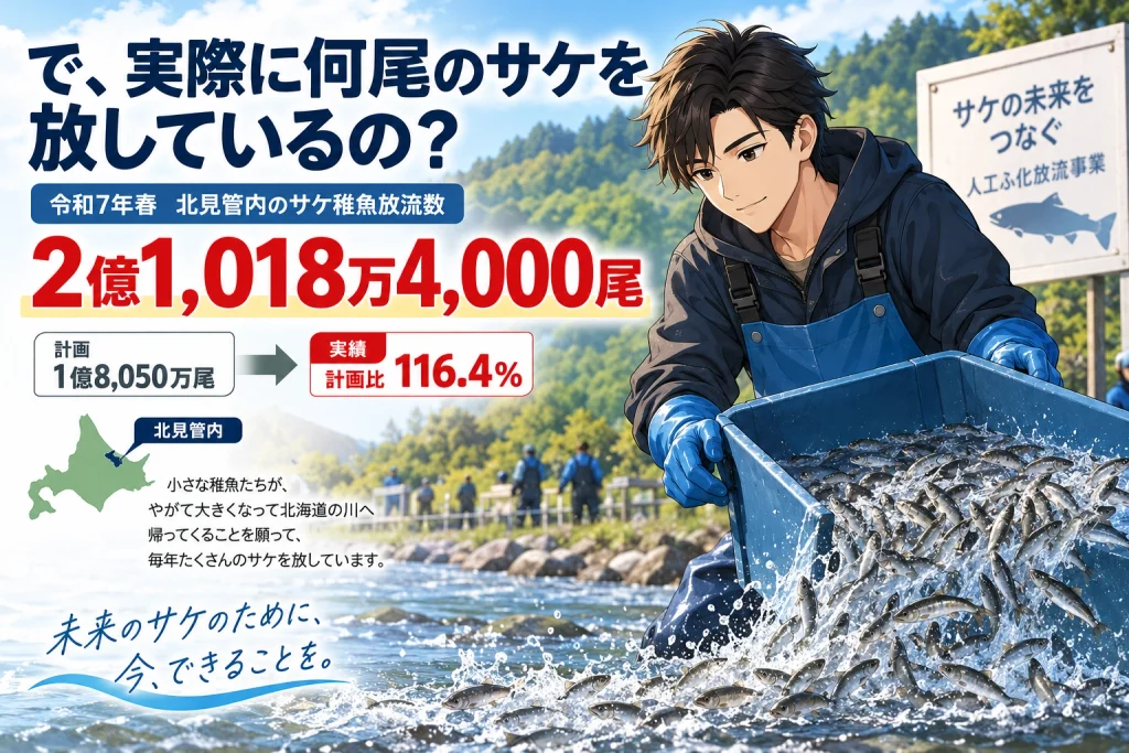 北見管内のサケ稚魚放流数を放流している画像