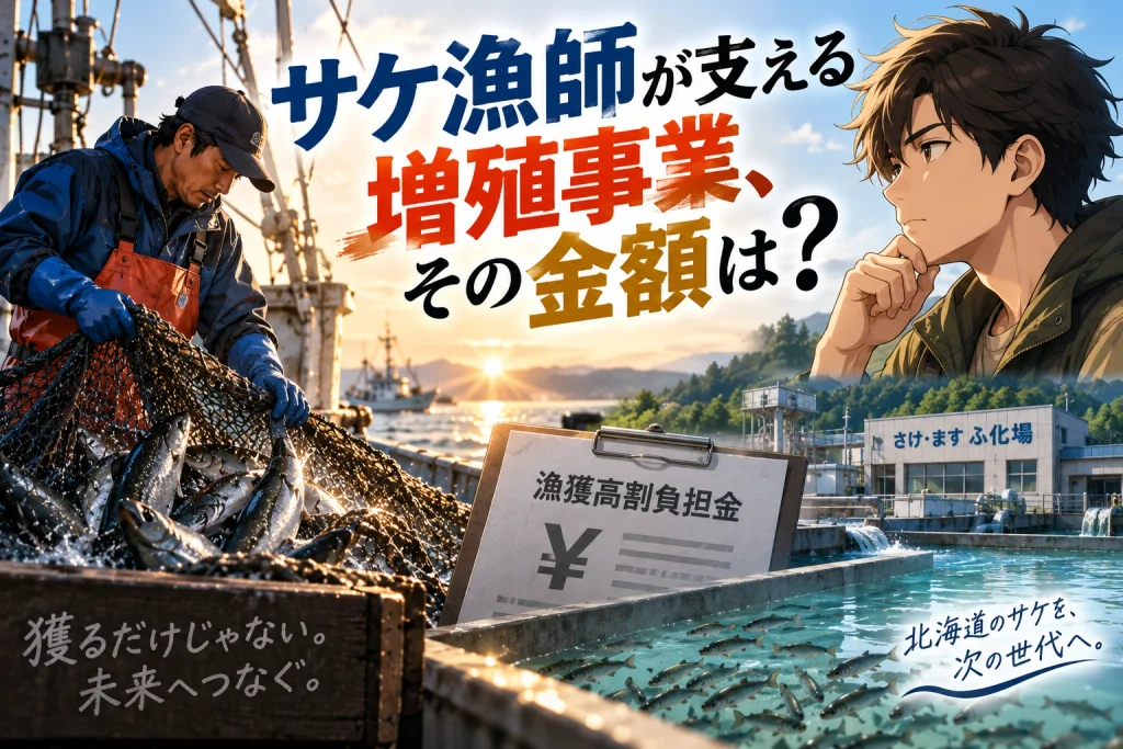 サケ漁師が漁獲高割負担金で支える北海道のサケ人工ふ化放流・増殖事業のイメージ