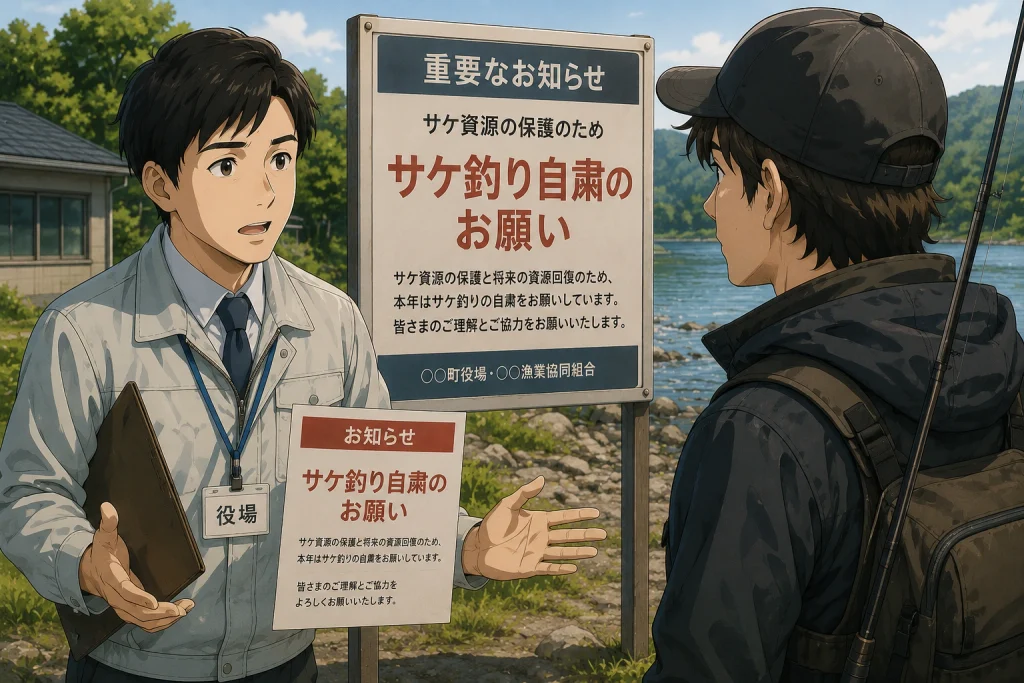 役場の人が釣り人に、サケ釣り自粛のお願いをしている画像
