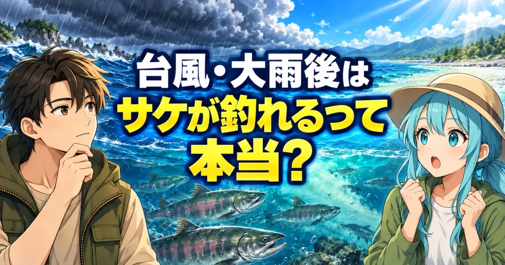 台風・大雨後はサケが釣れるって本当？」の文字と、荒天後の海を泳ぐサケを見つめるシロとサクラ