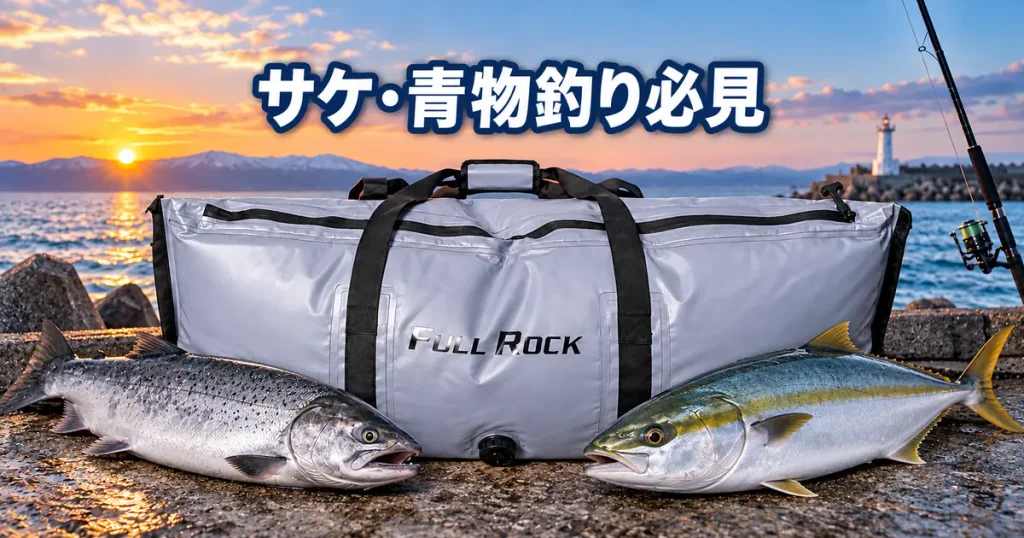 サケや青物釣りに使う軽量ソフトクーラーバッグ、おり釣具の保冷バッグを堤防で使用しているイメージ