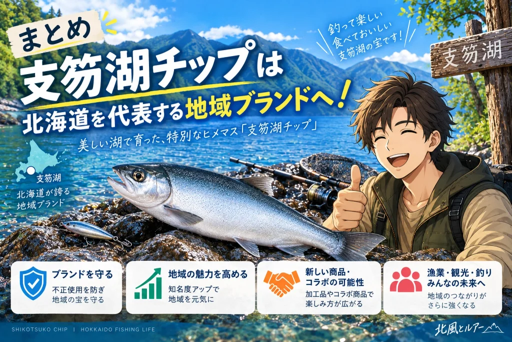 支笏湖チップが北海道を代表する地域ブランドとして発展していく姿を表現した、支笏湖とヒメマスのイメージ画像