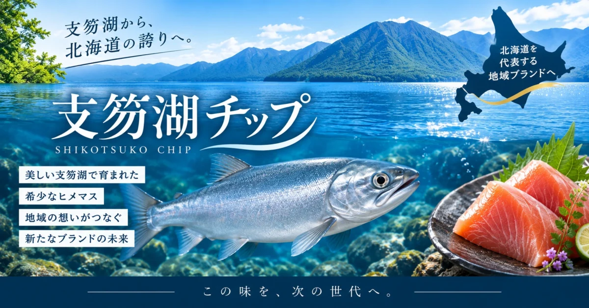 支笏湖チップと呼ばれる銀毛のヒメマスと支笏湖を描いた地域ブランド紹介のアイキャッチ画像
