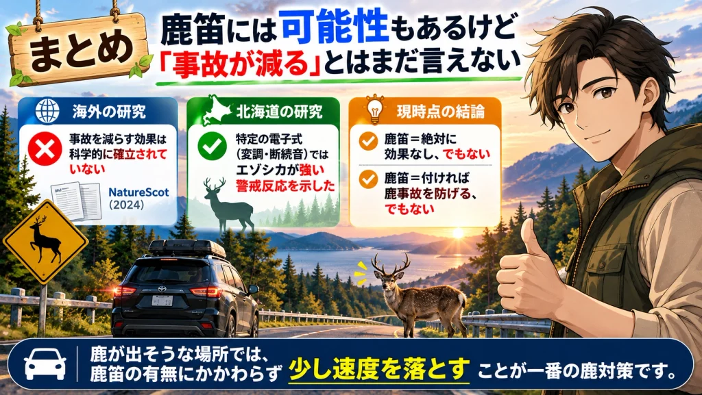 鹿笛の効果は科学的に確立されていない一方で北海道の研究ではエゾシカの警戒反応が確認されたことをまとめた画像