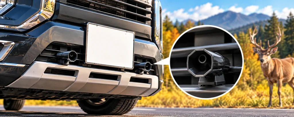 RV車のフロントグリルに取り付けた鹿笛のイメージ
