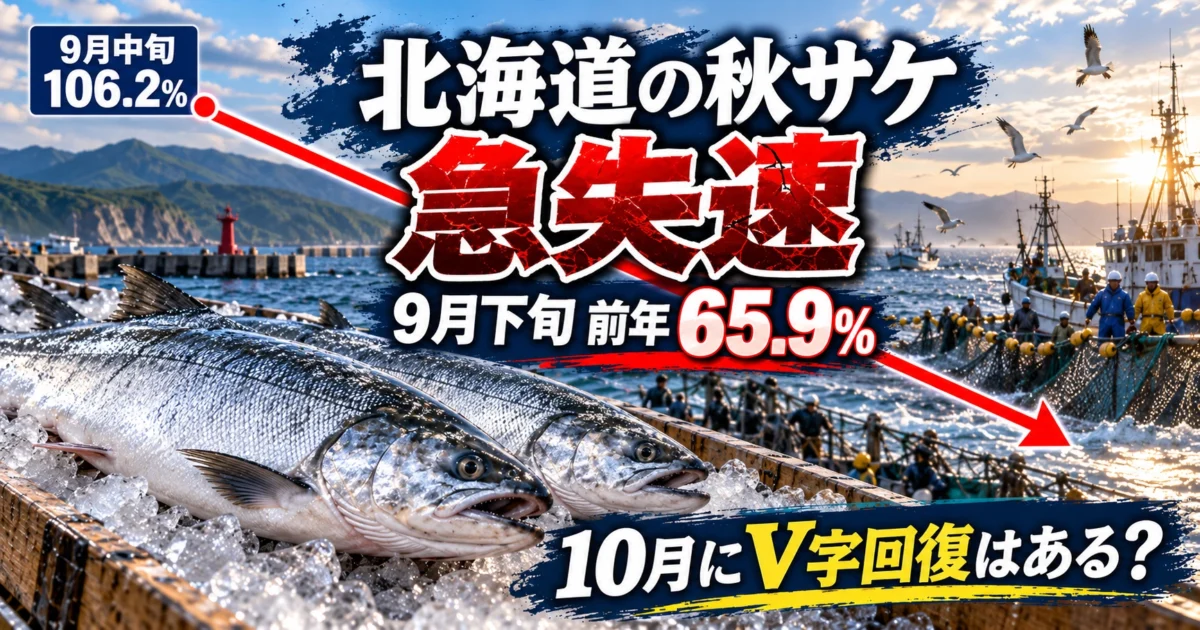 2026年9月末の北海道秋サケ漁獲量が前年同期比65.9％まで低下したことを示す画像