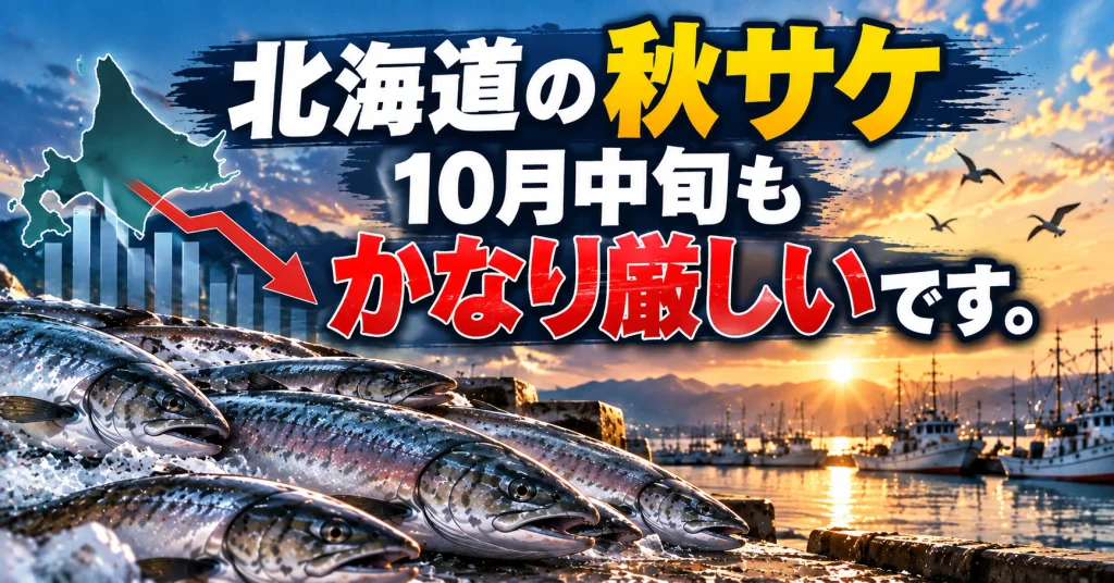 2026年10月中旬の北海道秋サケ漁獲速報。前年同期比54.1％と低迷する漁獲状況を、北海道地図、下降グラフ、漁港に水揚げされた秋サケで表現したアイキャッチ画像。