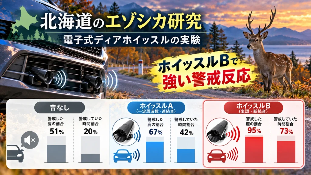 北海道のエゾシカ研究で電子式ディアホイッスルBが95%の警戒反応を示した比較グラフ
