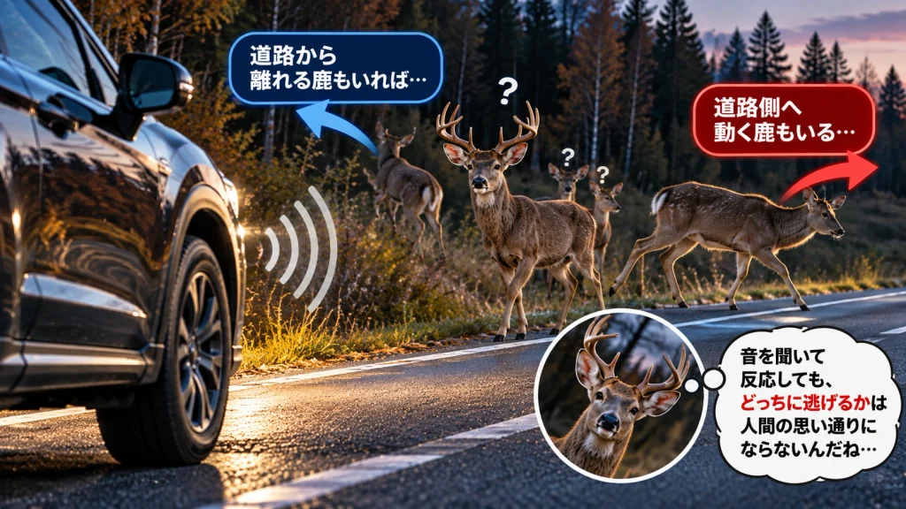 鹿笛の音を聞いて、道路から離れるか道路側に移動するか悩んでいる鹿の画像