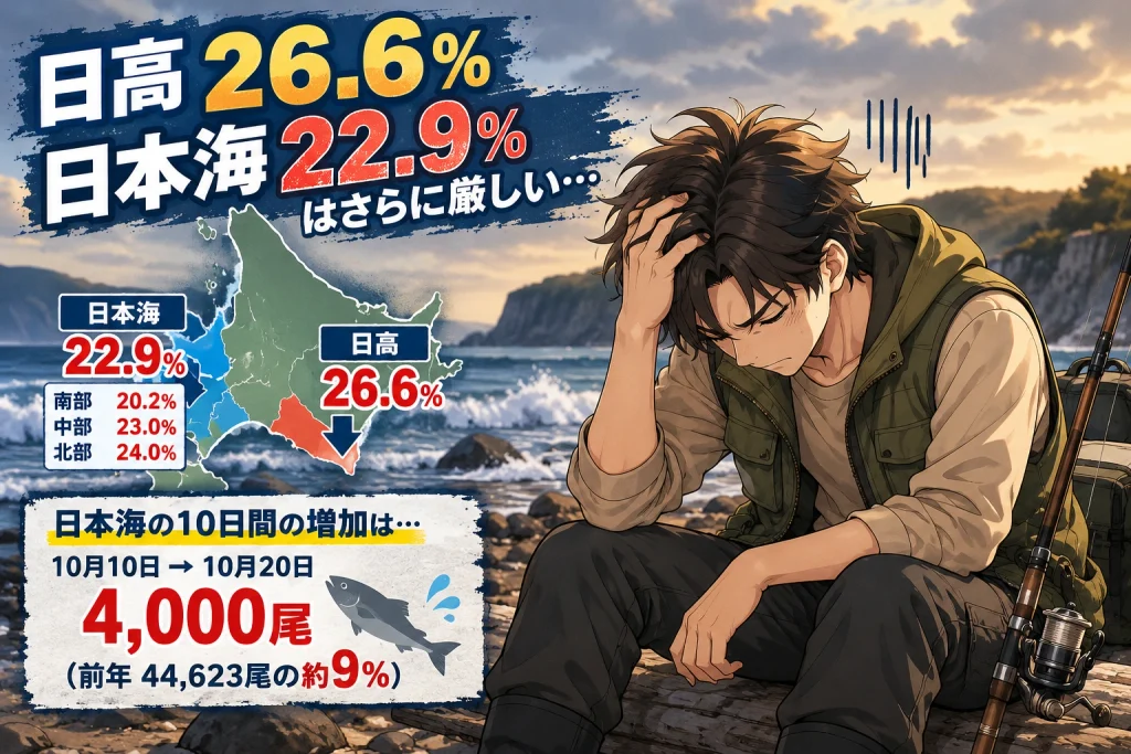 2026年北海道秋サケ漁獲速報。10月20日現在、日高は前年同期比26.6％、日本海は22.9％に低迷し、漁獲量の減少にがっくり肩を落とすシロのイラスト。