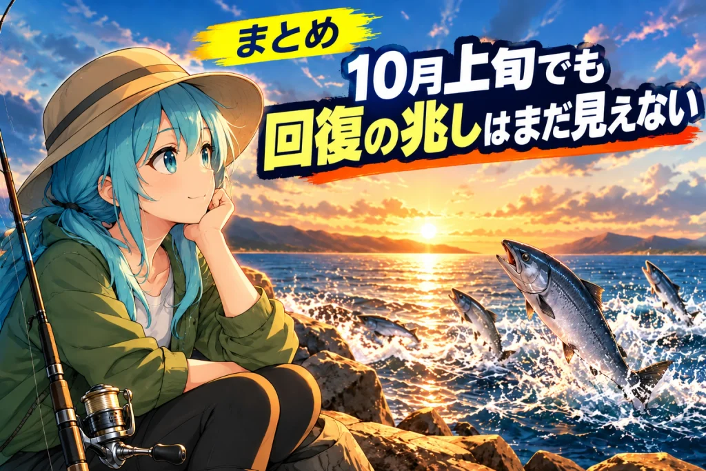 2026年10月上旬の北海道秋サケ漁獲は回復の兆しがまだ見えないことを表現したまとめイメージ