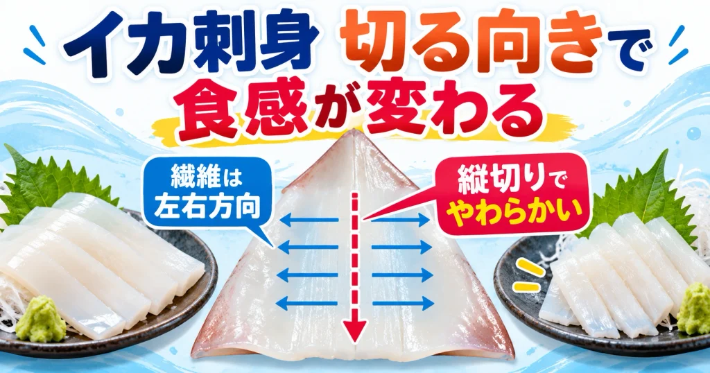 イカの刺身は切る向きで食感が変わることを、繊維の向きと縦切りで示したアイキャッチ画像