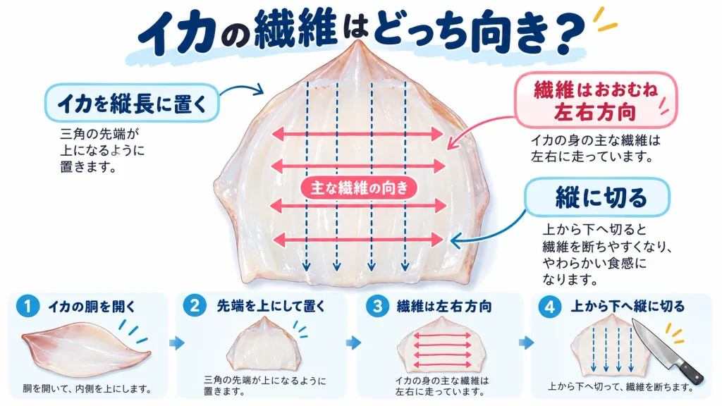 イカの刺身を切る際の繊維の向きと縦に包丁を入れる切り方を示した図