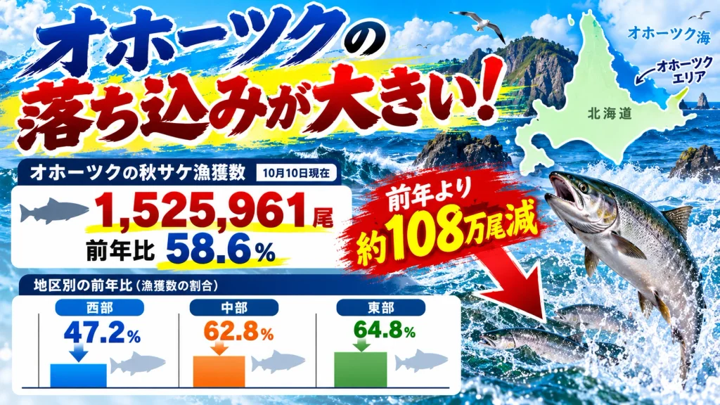 2026年10月10日時点のオホーツク秋サケ漁獲状況、漁獲尾数1525961尾、前年比58.6％、西部47.2％・中部62.8％・東部64.8％