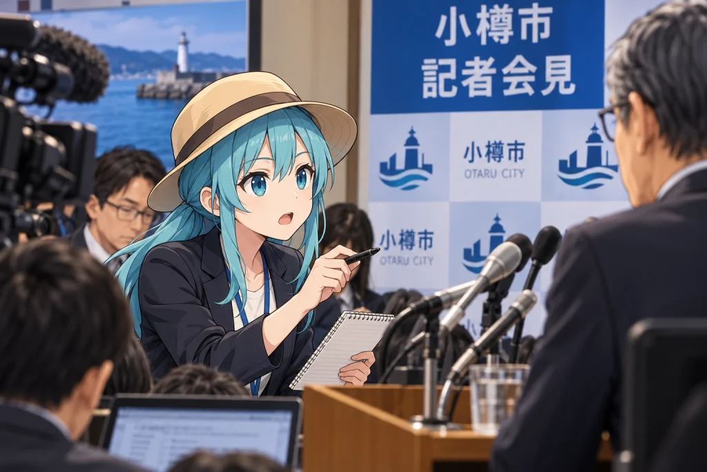 小樽市長記者会見で南防波堤の釣りについて質問する新聞記者のイメージ