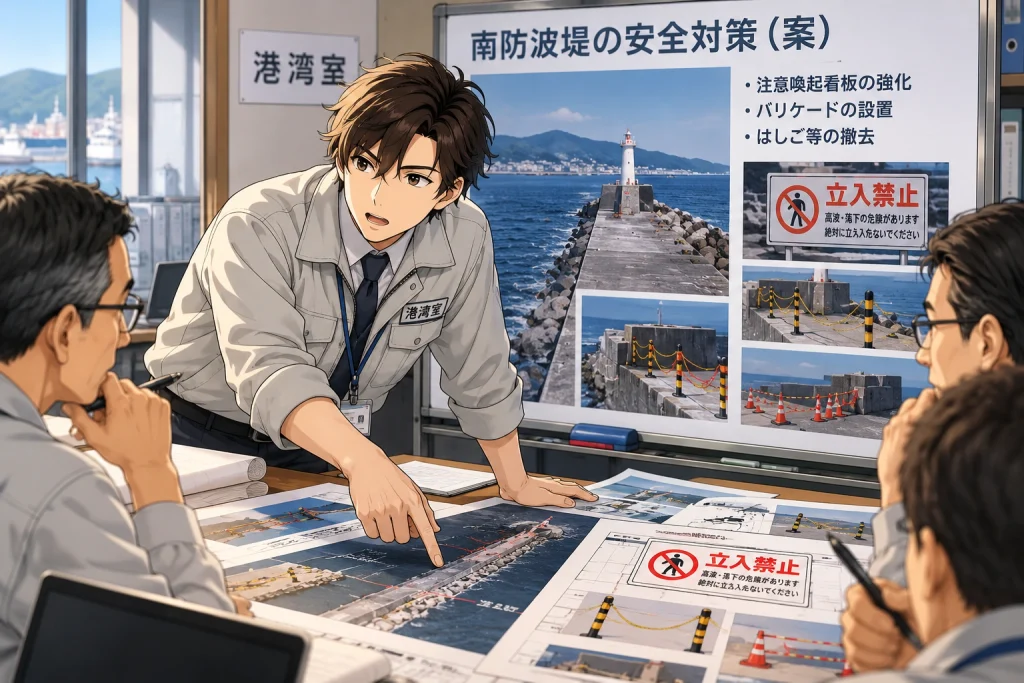 小樽市港湾室で南防波堤の注意喚起看板やバリケード設置を検討するイメージ