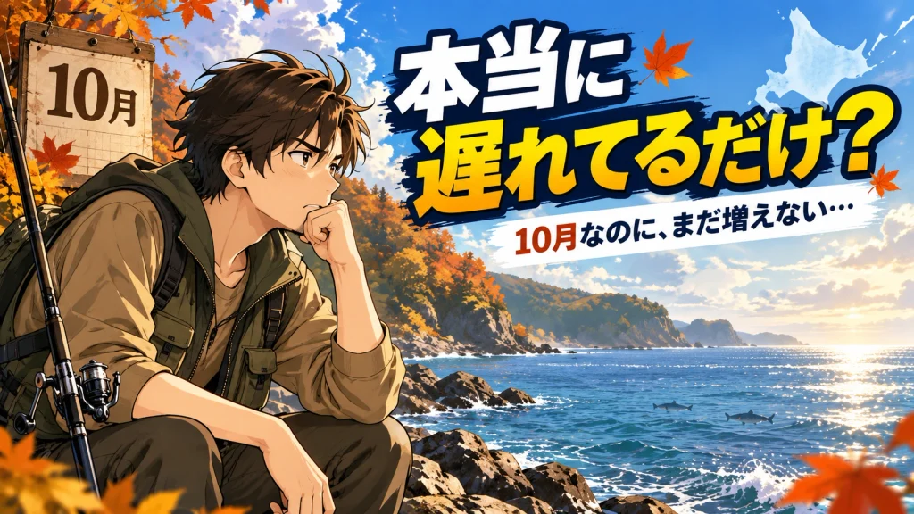 10月の北海道の海を前に、秋サケが遅れているのか考える釣り人のイメージ画像